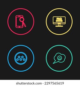 Set line Five stars rating review, Speech bubble with smile face, Monitor FAQ information and Mobile phone diagnostics icon. Vector