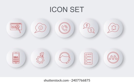 Set line Five stars rating review, Phone call, Create account screen mobile, System bug concept, Speech bubble with angry smile, Wrench screwdriver gear and Man headset icon. Vector