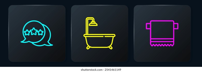 Set line Five stars rating review, Towel on hanger and Bathtub with shower. Black square button. Vector