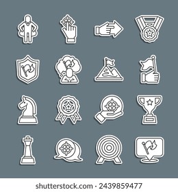 Set line Flag, Award cup, Hand holding flag, with pointing finger, Man, Shield, Head hunting and Mountains icon. Vector