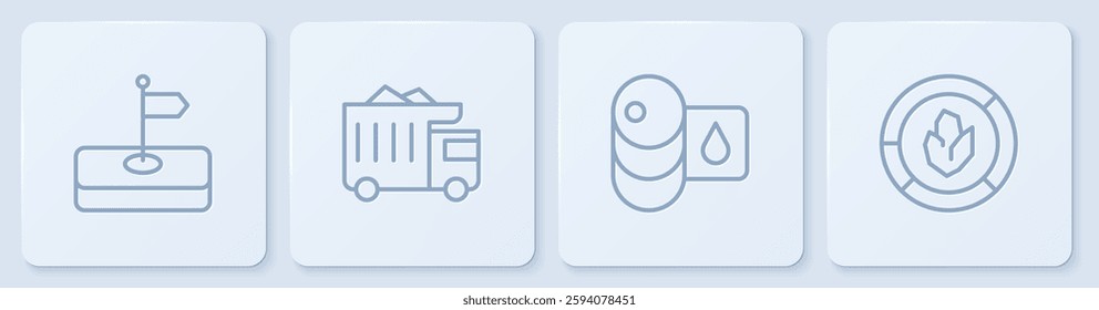 Set line Flag, Barrel oil, Mining dump truck and Soil analysis. White square button. Vector