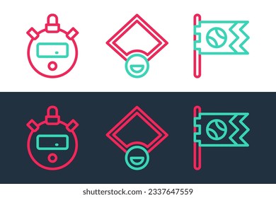 Set line Flag with baseball ball, Stopwatch and Baseball field icon. Vector