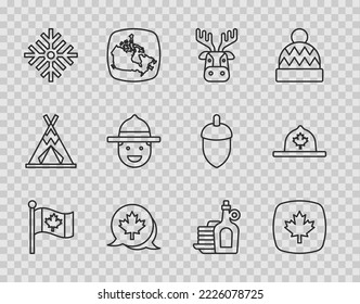Set line Flag of Canada, Canadian maple leaf, Deer head with antlers, Snowflake, ranger hat, Syrup pancakes and  icon. Vector