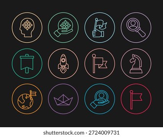 Set Line Flag, Schach, Hand-Fahne, Raketenschiff, Kopfjagd und Ziel-Symbol. Vektorgrafik