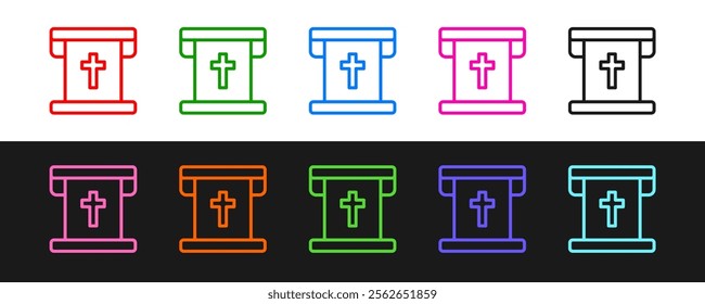 Set line Flag with christian cross icon isolated on black and white background.  Vector