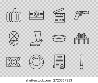Bandera confederada, bate de béisbol, clapper de película, donut, calabaza, bota de vaquero, declaración de independencia e icono de puente de puerta dorada. Vector