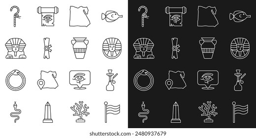 Set line Flag Of Egypt, Hookah, Egyptian pharaoh, Map of, Papyrus scroll, Sphinx, Crook and vase icon. Vector