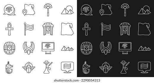 Set line Flag Of Egypt, pyramids, Map of, Egyptian fan, Cross ankh, Eye Horus and pharaoh icon. Vector