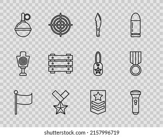 Set line Flag, Flashlight, Military knife, reward medal, Hand grenade, ammunition box, Chevron and  icon. Vector
