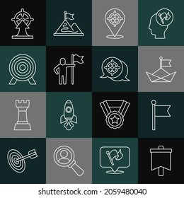 Establece la marca de línea, el bote de papel doblado, el objetivo, el indicador de la posición del hombre y el icono. Vector