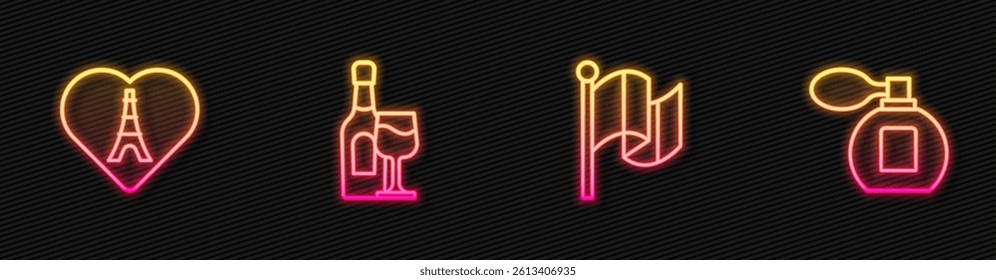 Set line Flag France, Eiffel tower with heart, Wine bottle glass and Perfume. Glowing neon icon. Vector