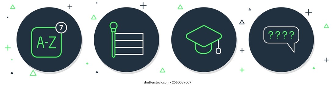 Set line Flag, Graduation cap, Online translator and Speech bubbles with Question icon. Vector