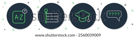 Set line Flag, Graduation cap, Online translator and Speech bubbles with Question icon. Vector