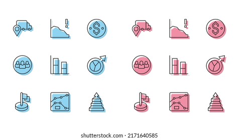 Set line Flag, Graph, chart, diagram, Delivery tracking, Pyramid infographics, Financial growth, Project team base and decrease icon. Vector