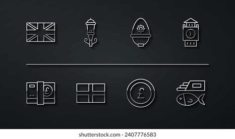 Set line Flag of Great Britain, Pound sterling money, Big Ben tower, Coin with pound, England, Vintage street light, Fish chips and British police helmet icon. Vector