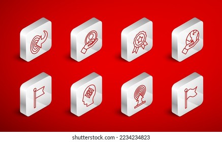 Set line Flag, Hand für die Suche Menschen, Medaille, hält die Erde Globus, Ziel mit Pfeil, Kopf-Jagd und Symbol. Vektorgrafik