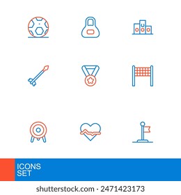 Set line Flag, Heart rate, Target sport, Volleyball net, Medieval arrows, Medal, Award over sports winner podium and Weight icon. Vector