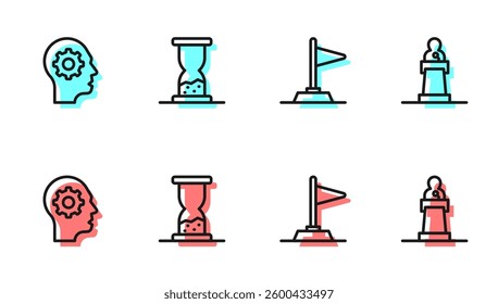 Set line Flag, Human head with gear inside, Old hourglass sand and Speaker icon. Vector
