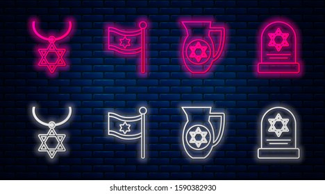 Set line Flag of Israel, Decanter with star of david, Star of David necklace on chain and Tombstone with star of david. Glowing neon icon on brick wall. Vector