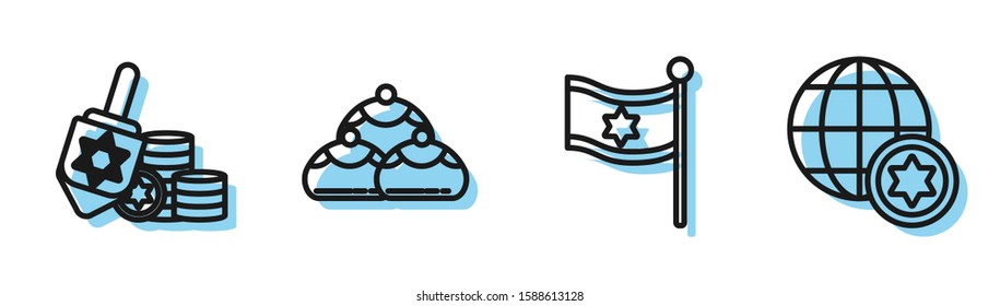 Set line Flag of Israel, Hanukkah dreidel and coin, Jewish sweet bakery and World Globe and Israel icon. Vector