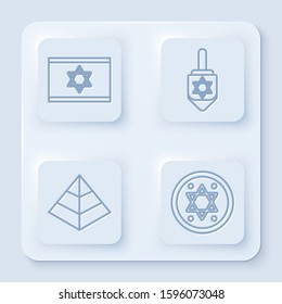 Set line Flag of Israel, Hanukkah dreidel, Egypt pyramids and Jewish coin. White square button. Vector