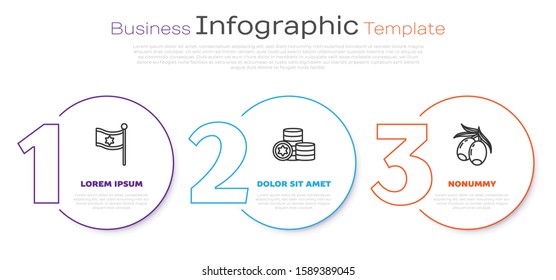 Set line Flag of Israel, Jewish coin and Olives branch. Business infographic template. Vector