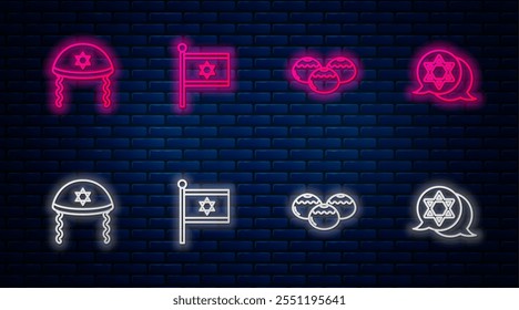 Set Linie Flagge von Israel, jüdische süße Bäckerei, kippah und Star David. Leuchtendes Neonsymbol an der Ziegelwand. Vektorgrafik