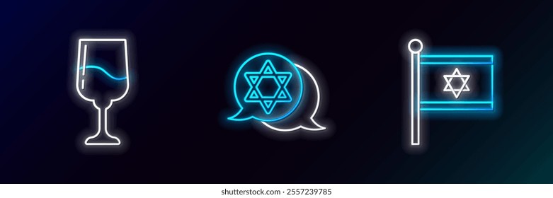 Set line Flag of Israel, Jewish goblet and Star David icon. Glowing neon. Vector