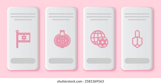 Set line Flag of Israel, Pomegranate, World Globe and and Hanukkah dreidel. White rectangle button. Vector