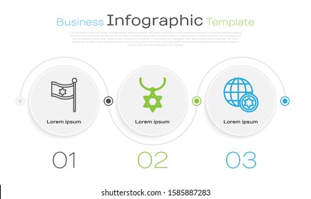 Set line Flag of Israel, Star of David necklace on chain and World Globe and Israel. Business infographic template. Vector