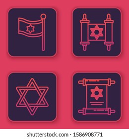 Set line Flag of Israel, Star of David, Torah scroll and Torah scroll. Blue square button. Vector