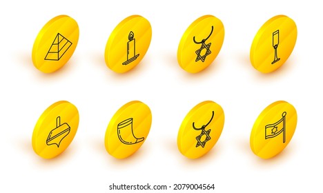 Set line Flag of Israel, Star David necklace on chain, Traditional ram horn, shofar, Hanukkah dreidel, Jewish goblet, Burning candle candlestick and Egypt pyramids icon. Vector