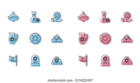 Set line Flag of Israel, Tombstone with star david, Hanukkah dreidel, Jewish kippah, coin, sweet bakery, Decanter and money bag and icon. Vector