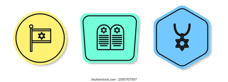 Set Linie Flagge von Israel, Tombstone mit Stern david und Stern David Halskette Kette. Farbige Formen. Vektorgrafik