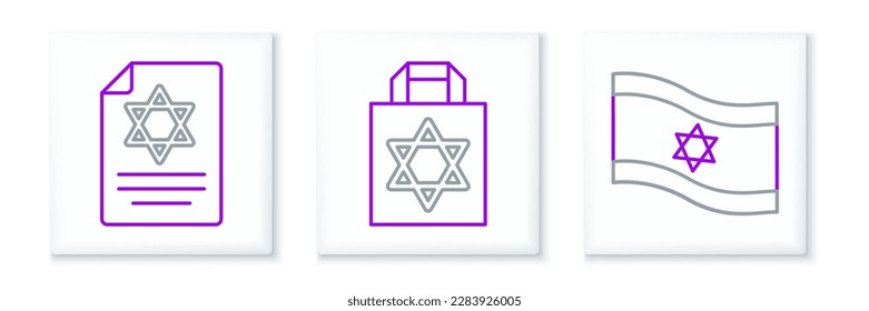 Set line Flag of Israel, Torah scroll and Shopping bag with star david icon. Vector