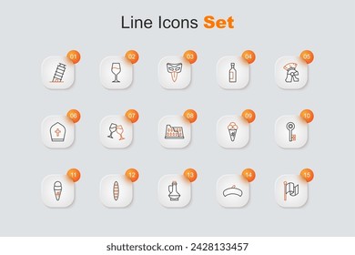 Set line Flag Italy, French beret, Bottle of olive oil, baguette bread, Ice cream in waffle, Old key,  and Coliseum icon. Vector