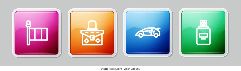 Set line Flag Italy, Handbag, Sport racing car and Perfume. Colorful square button. Vector