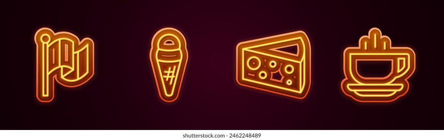 Set line Flag Italy, Ice cream in waffle, Cheese and Coffee cup. Glowing neon icon. Vector