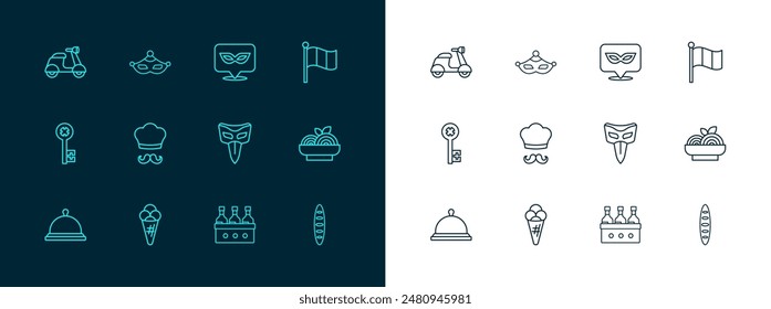 Set line Flag Italy, Ice cream in waffle, Carnival mask, Bottles of wine, Italian cook, Scooter and  icon. Vector