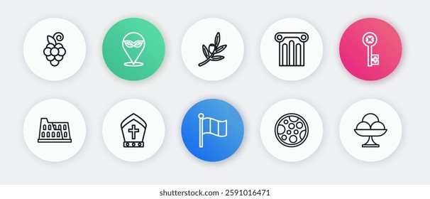 Set line Flag Italy, Old key, Coliseum, Pizza, Ancient column, Olives branch, Ice cream in the bowl and Pope hat icon. Vector