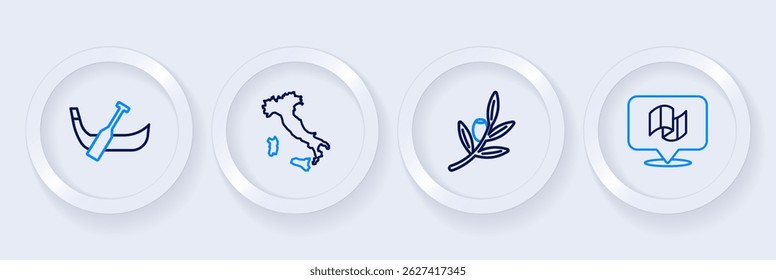 Set line Flag Italy, Olives branch, Map of and Gondola boat icon. Vector