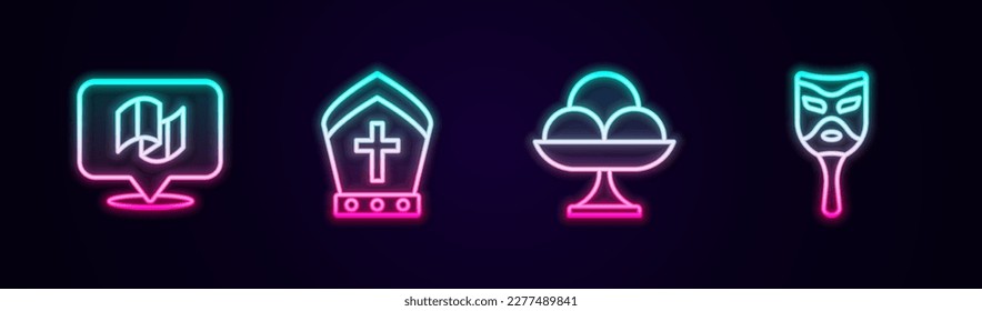 Set line Flag Italy, Pope hat, Ice cream in the bowl and Carnival mask. Glowing neon icon. Vector