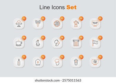 Set line Flag Italy, Pope, Italian cook, hat, Bottle of wine, Ancient column and Olives icon. Vector