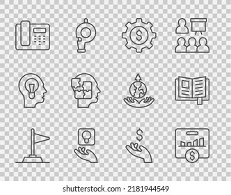 Set line Flag, Key performance indicator, Gear with dollar, Light bulb, Telephone 24 hours support, Head puzzles strategy, Hand holding coin money and Reading book icon. Vector