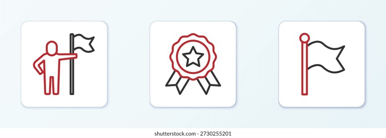 Set line Flag, Man holding flag and Medal icon. Vector