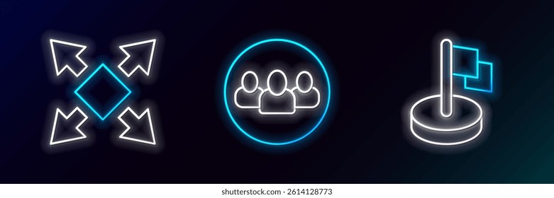 Set line Flag, Many ways directional arrow and Project team base icon. Glowing neon. Vector