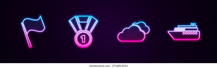 Fije la línea Bandera, Medalla, Nube y Nave. Icono de neón brillante. Vector