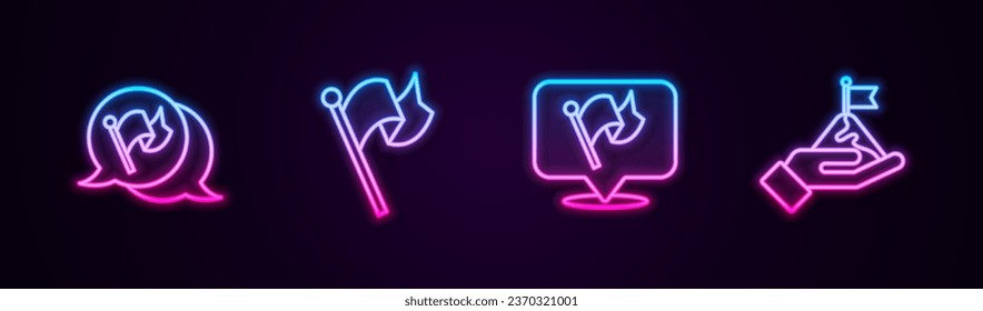 Set line Flag, ,  and Mountains with flag. Glowing neon icon. Vector