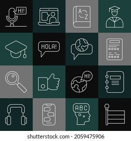 Set line Flag, Notebook, Exam sheet, Translator, Hola in different languages, Graduation cap, Microphone voice device and Learning foreign icon. Vector