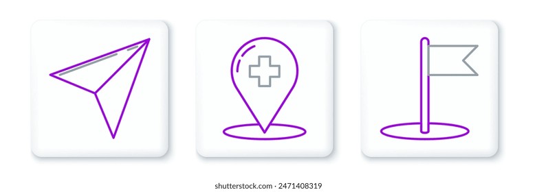 Set line Flag, Paper airplane and Location on the globe icon. Vector
